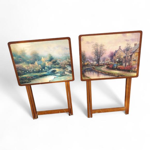 Vintage Thomas Kinkade Wooden TV Trays Tables Set Lot of 4 Folding Snack Trays - Picture 4 of 8